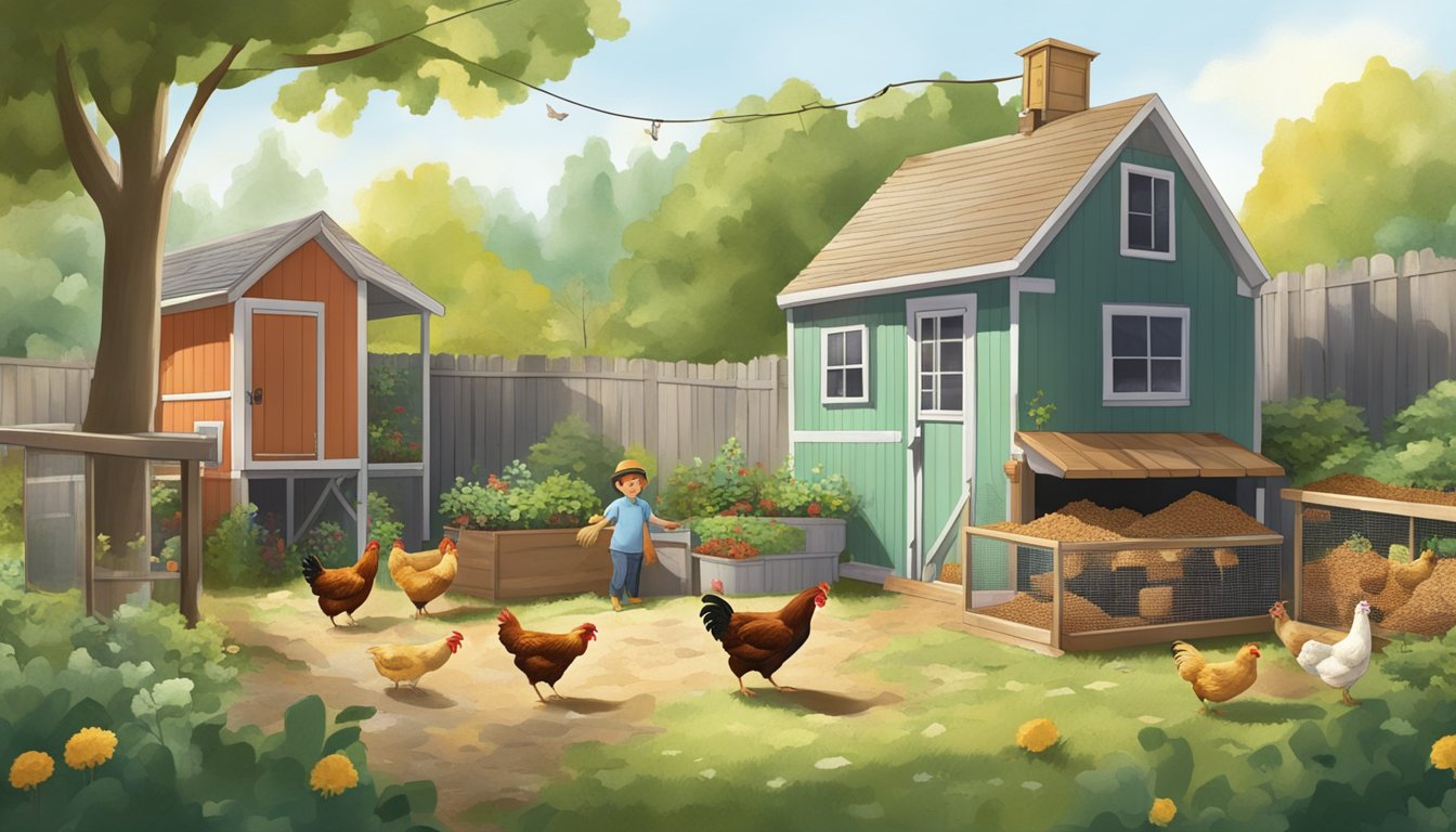 A small backyard with a chicken coop, compost bin, and recycling area. Chickens pecking at food scraps while owner collects eggs