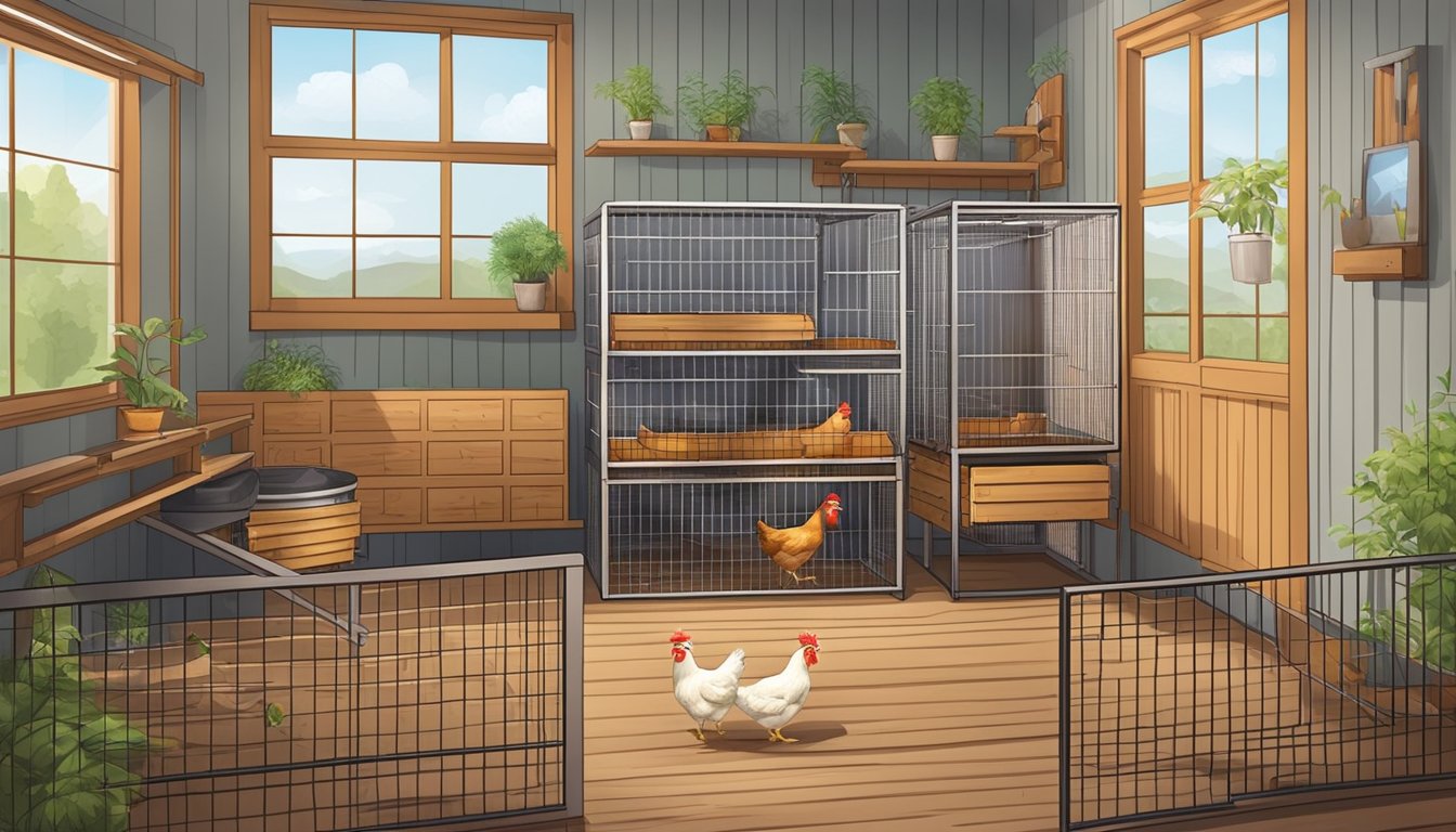 A cozy apartment with a spacious, well-ventilated area for chickens, complete with a secure coop, nesting boxes, feeders, and waterers