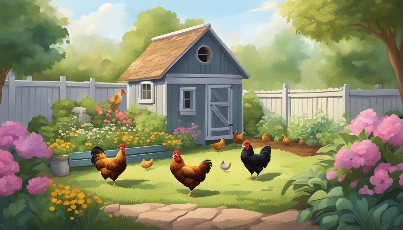 A cozy backyard with a small chicken coop, a lush garden, and a few bantam chickens happily pecking at the ground