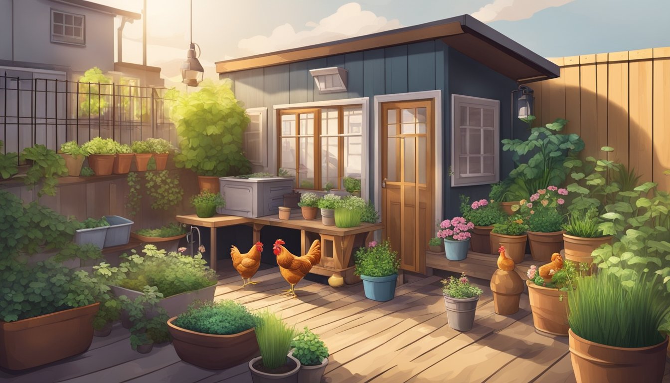 A small apartment with a cozy and clutter-free corner dedicated to raising chickens. A compact coop with a feeding and watering station, surrounded by potted herbs and a small container garden