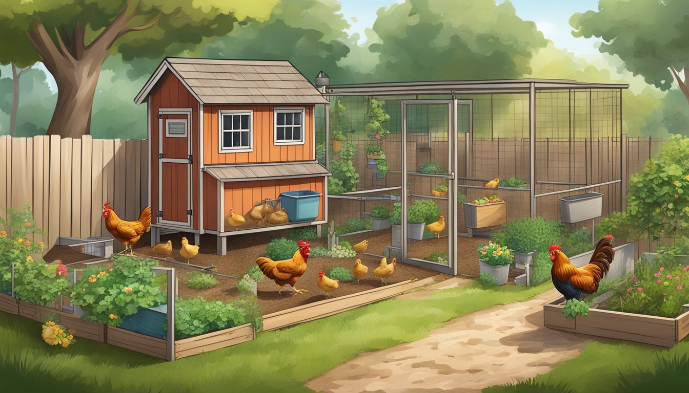 A small backyard with a chicken coop, feeding and watering stations, and a variety of vegetation for chickens to forage