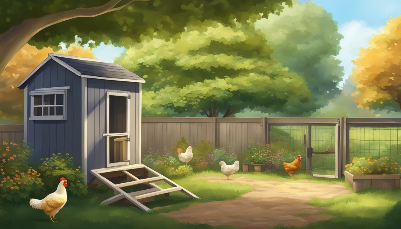 A small backyard with a cozy chicken coop nestled under a leafy tree, providing ample shade for the chickens to roam and peck