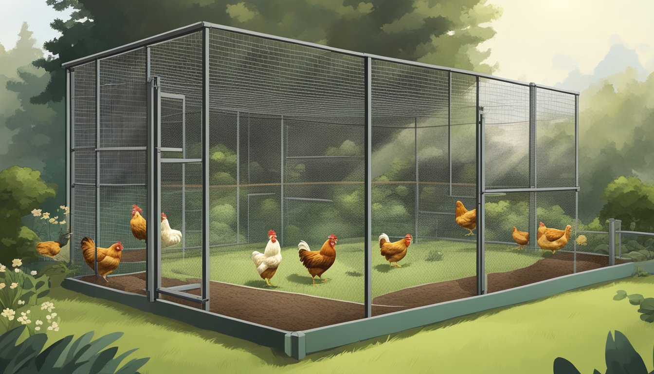 A small backyard with chickens enclosed by tall, sturdy predator-proof fencing. A coop and feeding area are also visible within the limited space