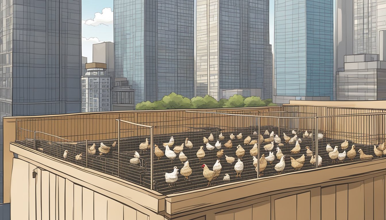 A flock of adaptable chicken breeds roosting in a rooftop coop, surrounded by urban skyscrapers