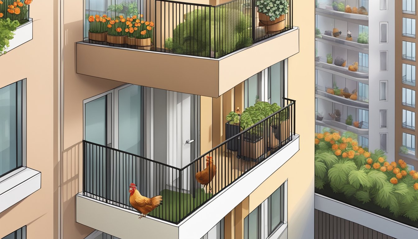 A high-rise balcony with soundproofing panels, potted plants, and a small coop with chickens