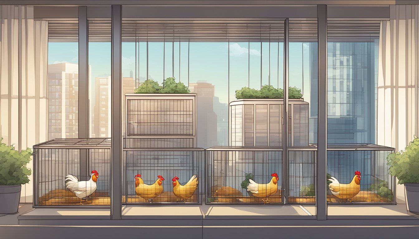 A high-rise building with chickens in a well-ventilated coop, with windows open and a gentle breeze flowing through the space