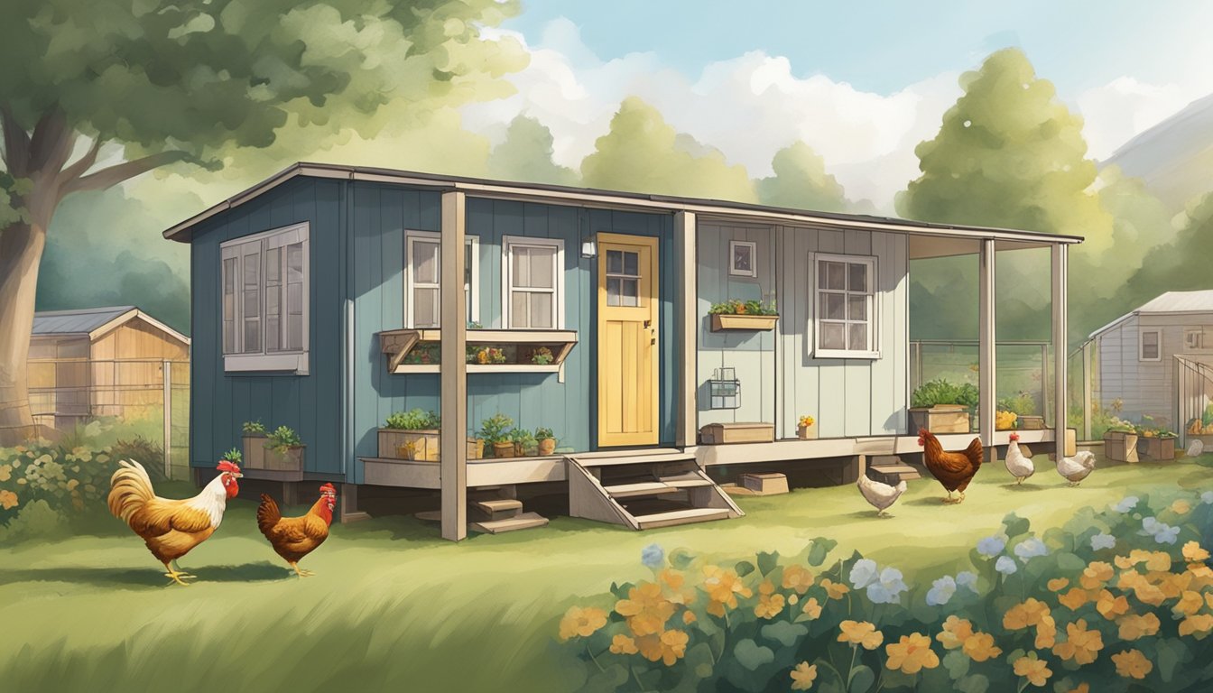 A mobile home with a fenced-in area, chicken coop, nesting boxes, and a small garden. Chickens roam freely while a person tends to them