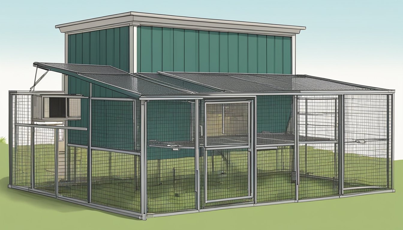 A rooftop coop with wire mesh walls, perches, and nesting boxes. Accessible food and water stations. Secure latches and a covered area for protection