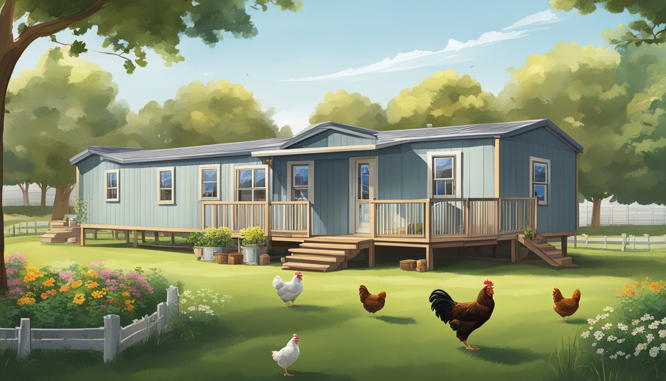 A mobile home with a fenced yard, chicken coop, feeders, and waterers. Surrounding landscape includes grass, trees, and a clear sky