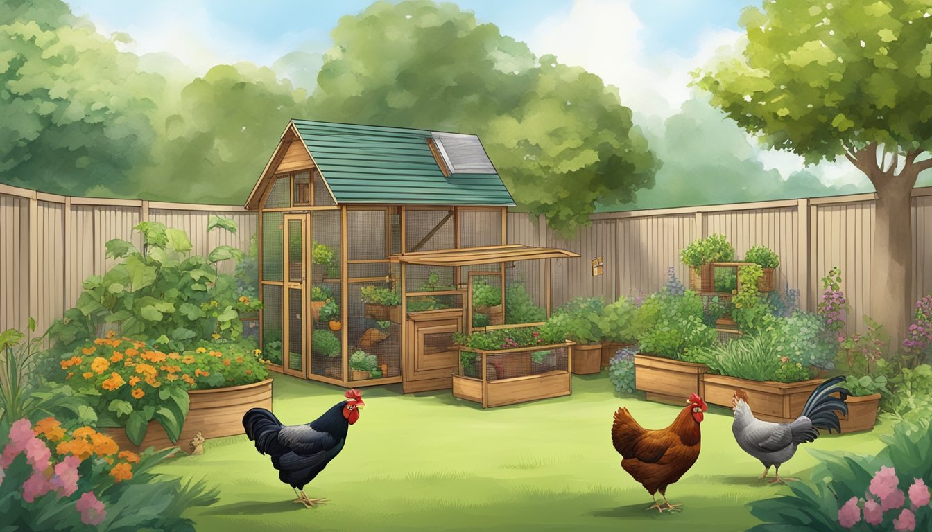 A small backyard with a coop and feeding stations. Lush greenery and a variety of nutrient-rich feed options for the chickens