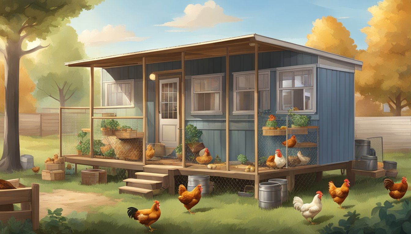 A mobile home with a fenced-in outdoor area, several chickens roaming freely, a small coop, and various tools for tending to the chickens