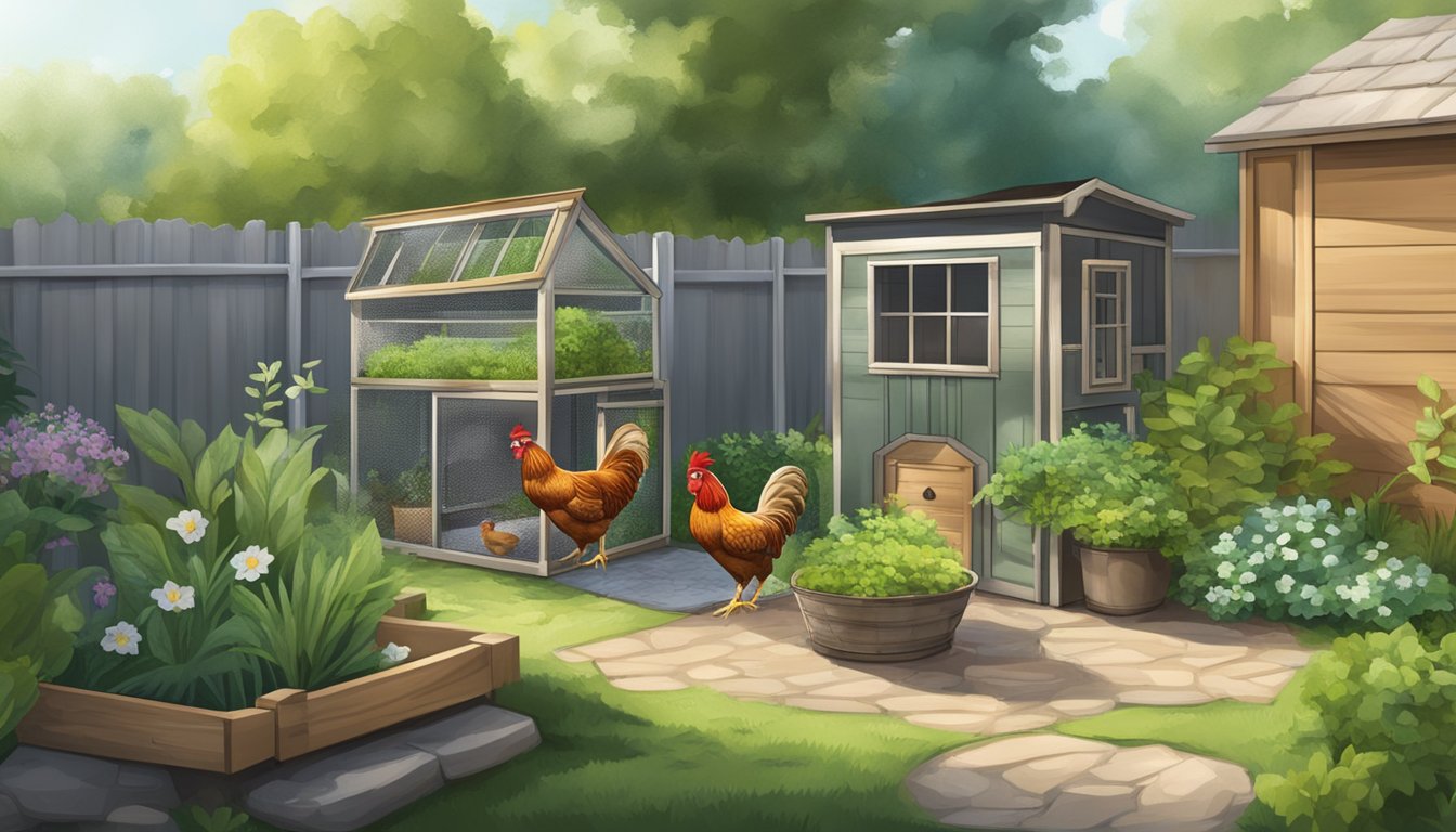 A small backyard with a chicken coop, water supply, and greenery