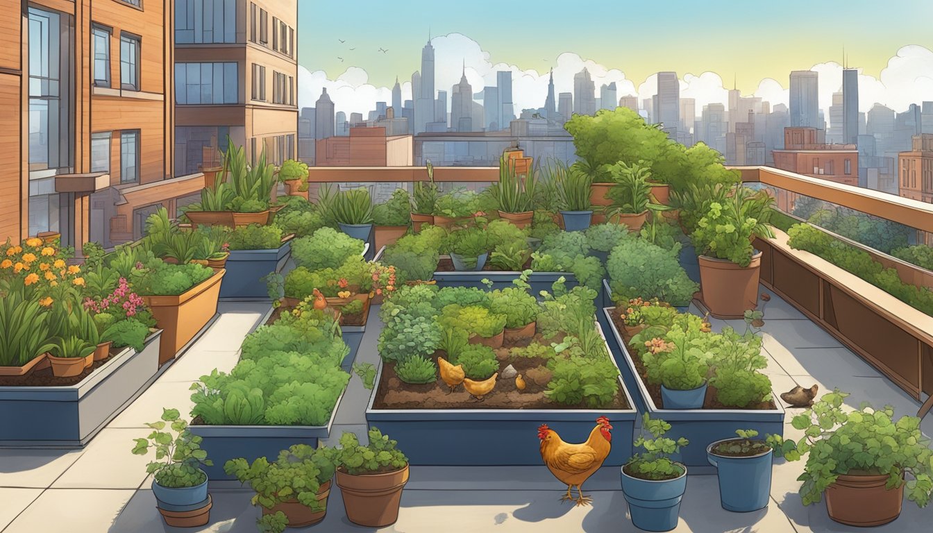 A rooftop garden with a coop and chickens, surrounded by potted plants and a city skyline in the background