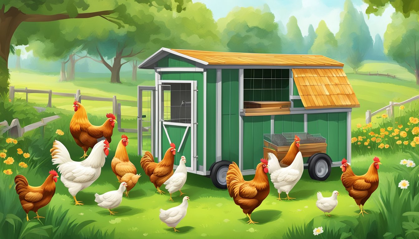 A colorful mobile chicken coop with feeding and watering stations, surrounded by a lush green pasture with happy, free-roaming chickens