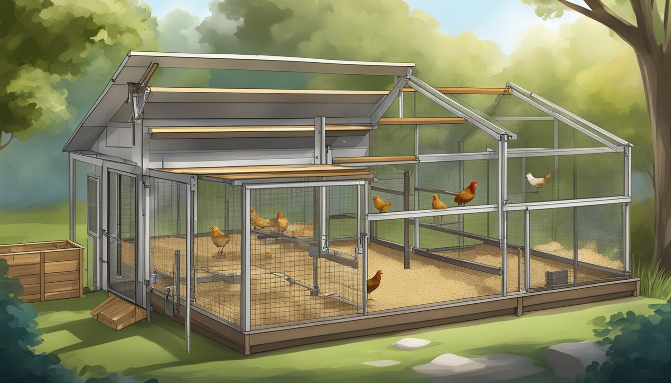 A small backyard with a coop, nesting boxes, feeders, and waterers. Space is optimized with raised platforms and hanging elements for efficient chicken care