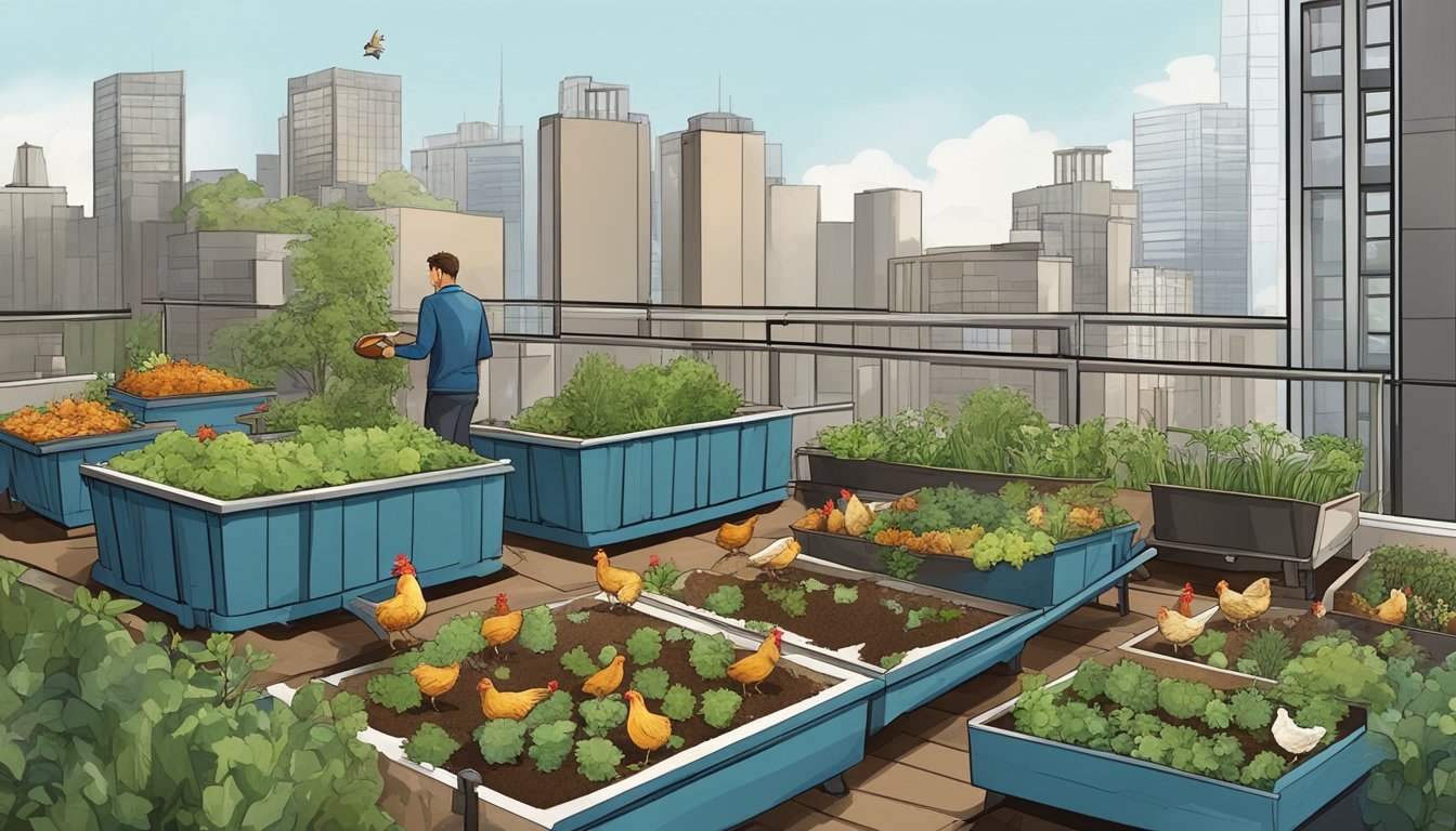 A rooftop garden on a high-rise building with a coop and composting bins, chickens pecking at food scraps while a person tends to the waste management system