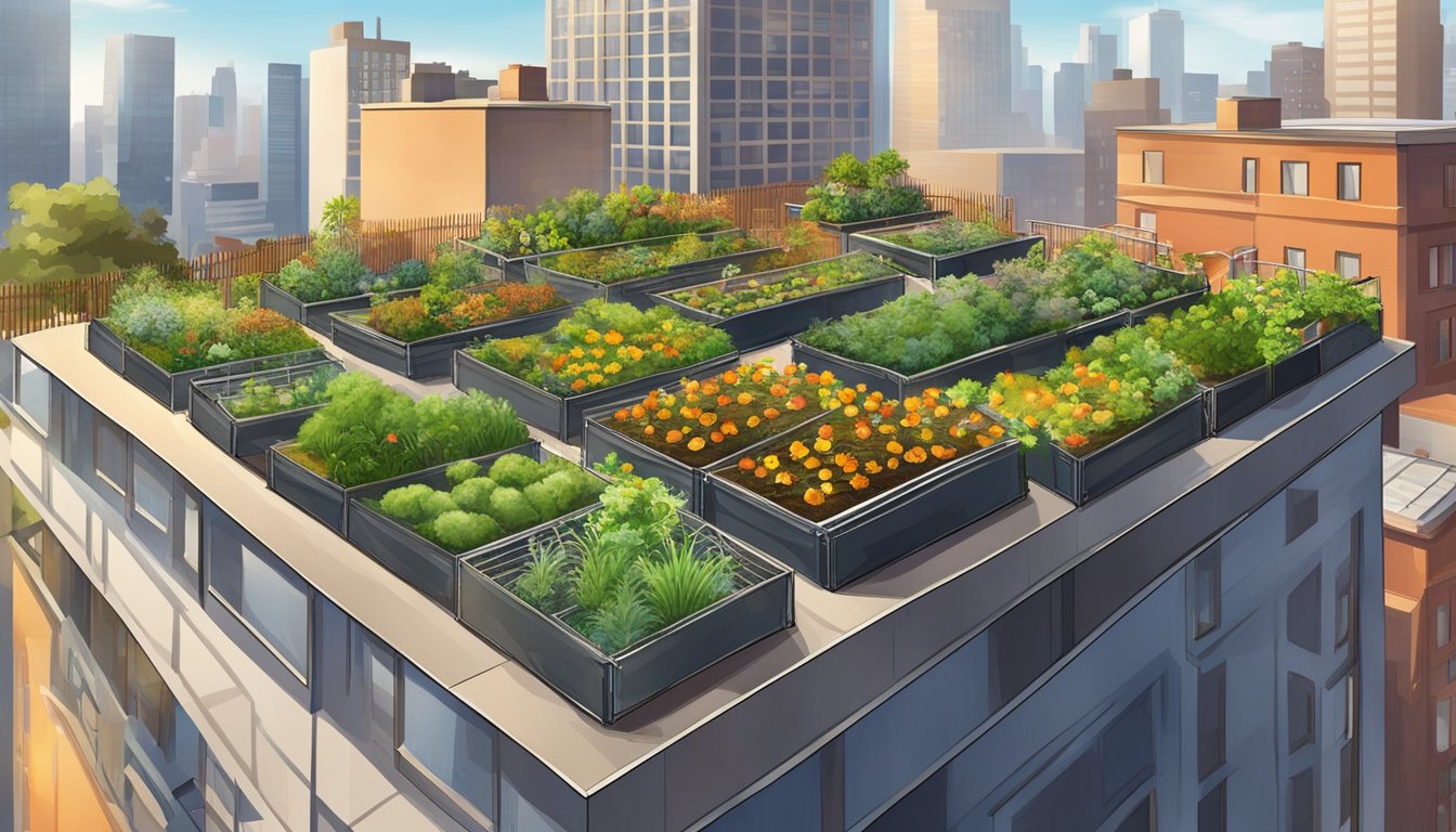 A rooftop garden on a high rise building, with a coop and nesting boxes for chickens. A small fenced area for them to roam with a backdrop of the city skyline