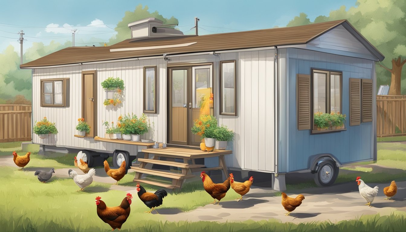 A mobile home with a fenced-in outdoor area, chickens roaming freely. A thermometer is mounted on the wall, showing a comfortable temperature