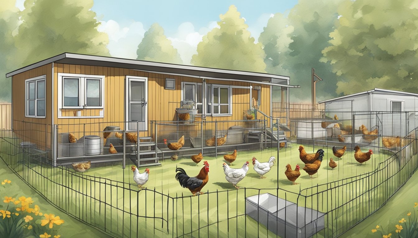 A mobile home with a fenced-in yard, housing various breeds of chickens in separate coops. Feed and water stations are visible, with a small garden nearby