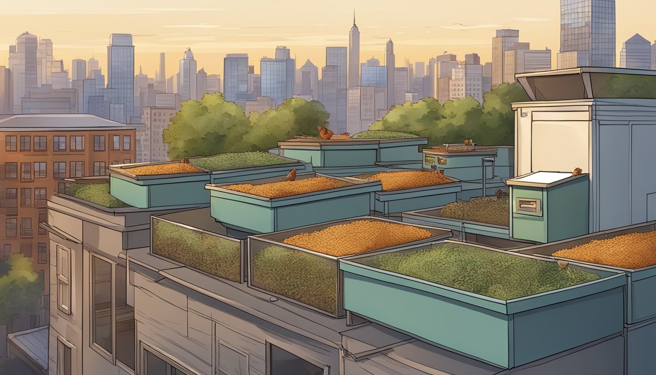 A rooftop coop with a city skyline backdrop, complete with nesting boxes, feeders, and a small outdoor run for urban chickens