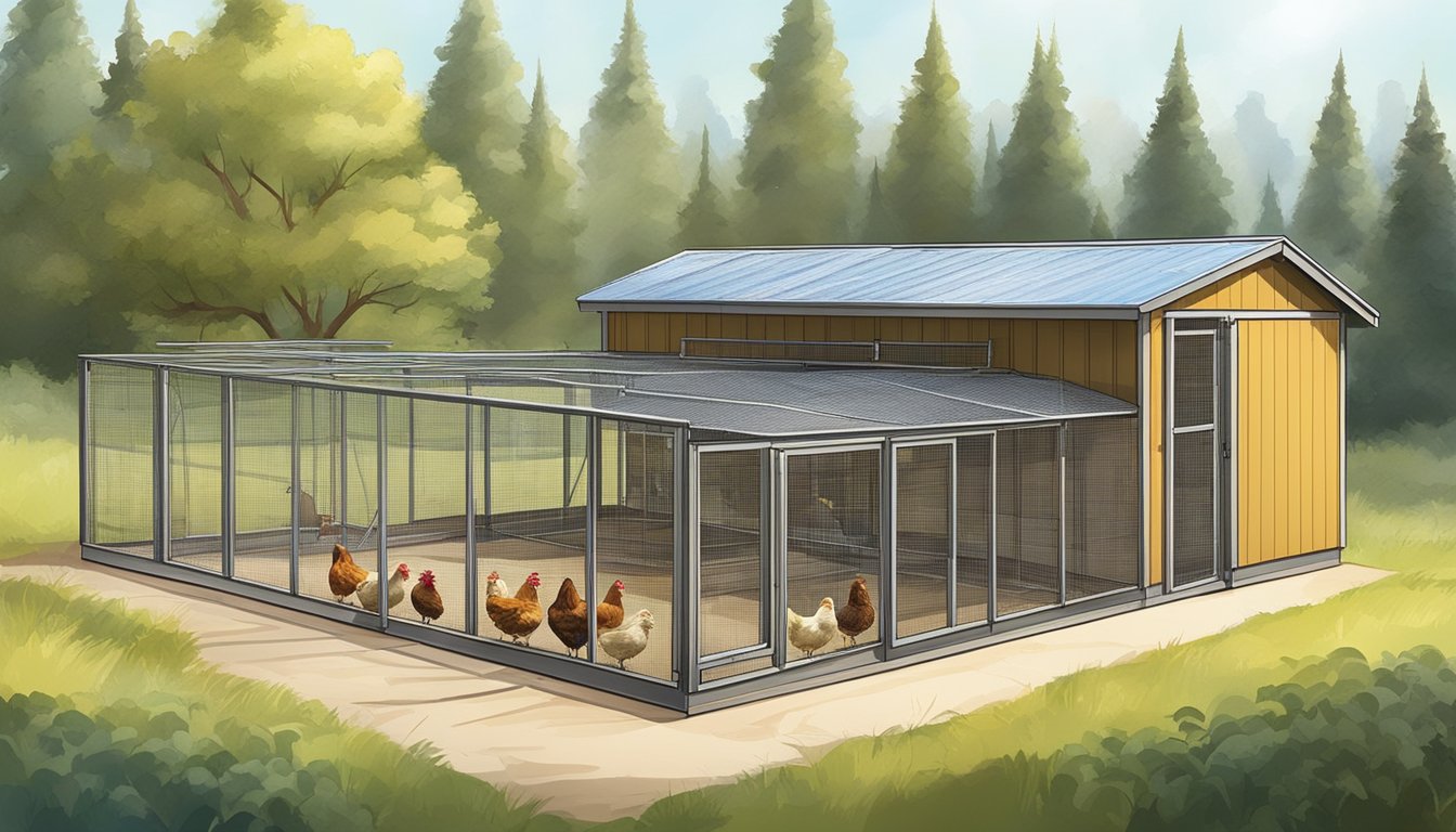 A rooftop coop with a secure fence, nesting boxes, and a feeding station. A ventilation system and natural light provide a healthy environment for the chickens