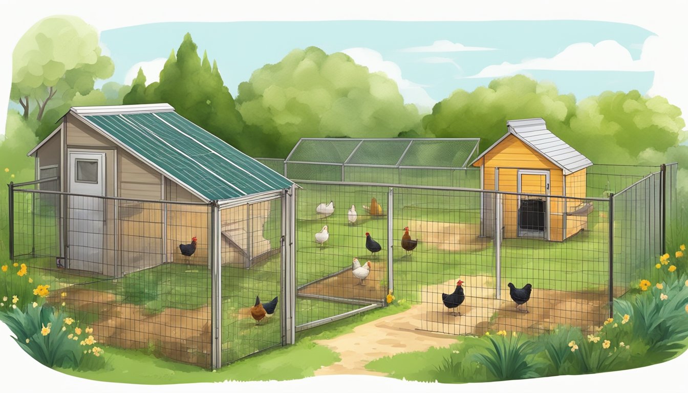 A backyard with a rental property and mobile chicken coops, surrounded by greenery and a fence. Chickens roam freely while their owner tends to them