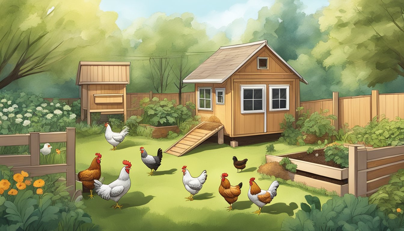 A small backyard with a chicken coop made of compostable materials, surrounded by greenery and a few chickens pecking at the ground