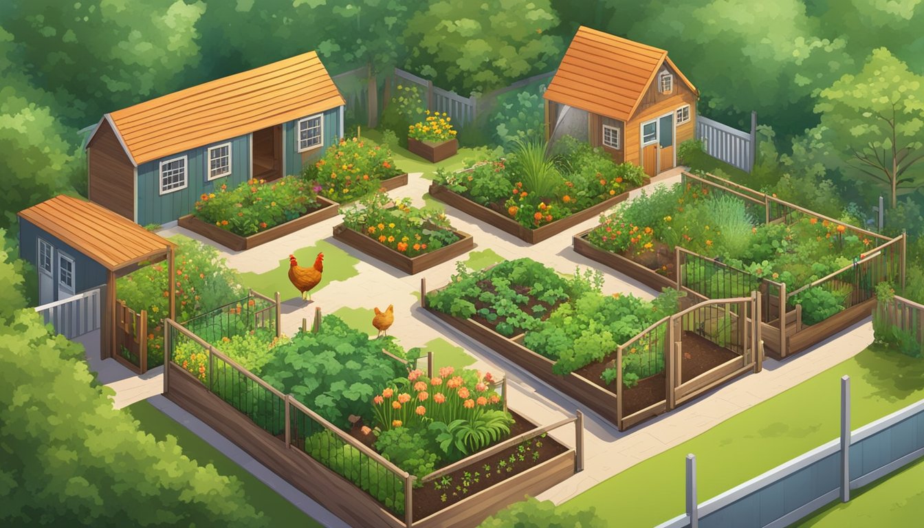 A lush community garden with raised beds and a coop, surrounded by greenery and a variety of plants. Chickens roam freely in the spacious area