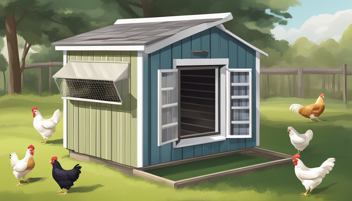 A small, well-ventilated coop with open windows and a fan to ensure proper airflow for the chickens