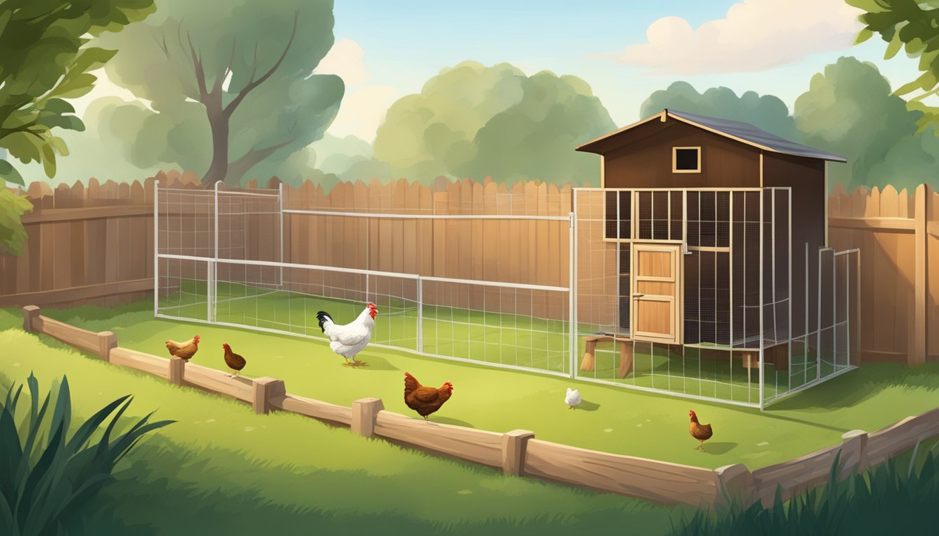 A cozy backyard with a small chicken coop, surrounded by a fence. A few quiet chicken breeds roam freely, pecking at the ground