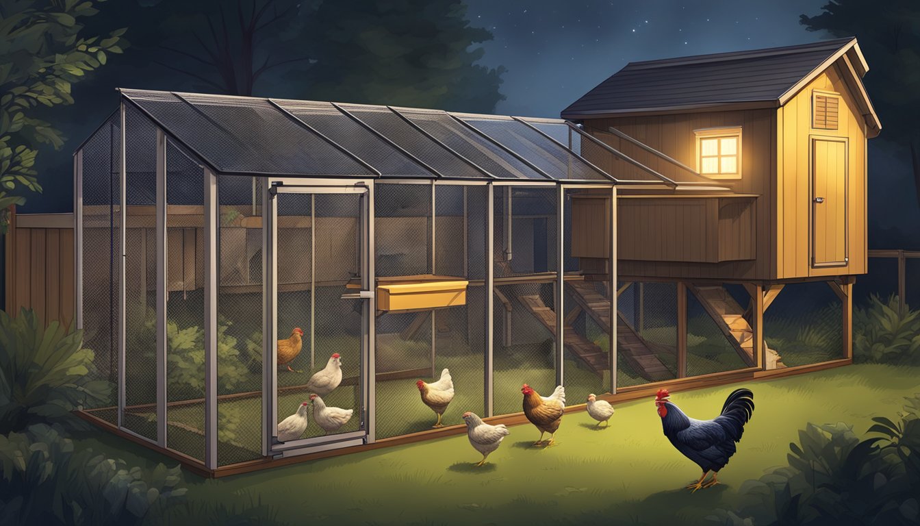 A backyard with a secure chicken coop, surrounded by fencing and motion-activated lights. Nearby, a row of predator-proof nesting boxes and a covered feeding area