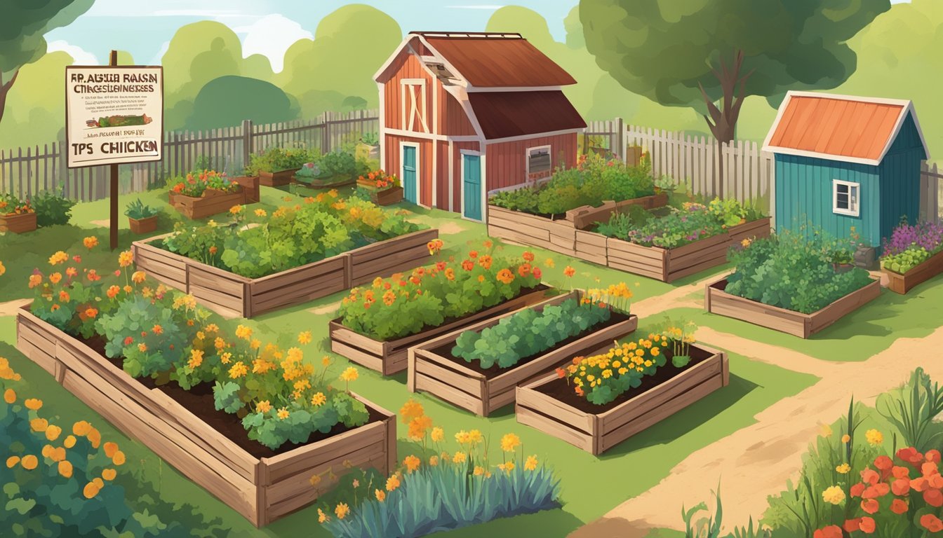 A colorful community garden with raised chicken coops, a small vegetable patch, and a sign with "7 Tips for Raising Chickens" displayed prominently