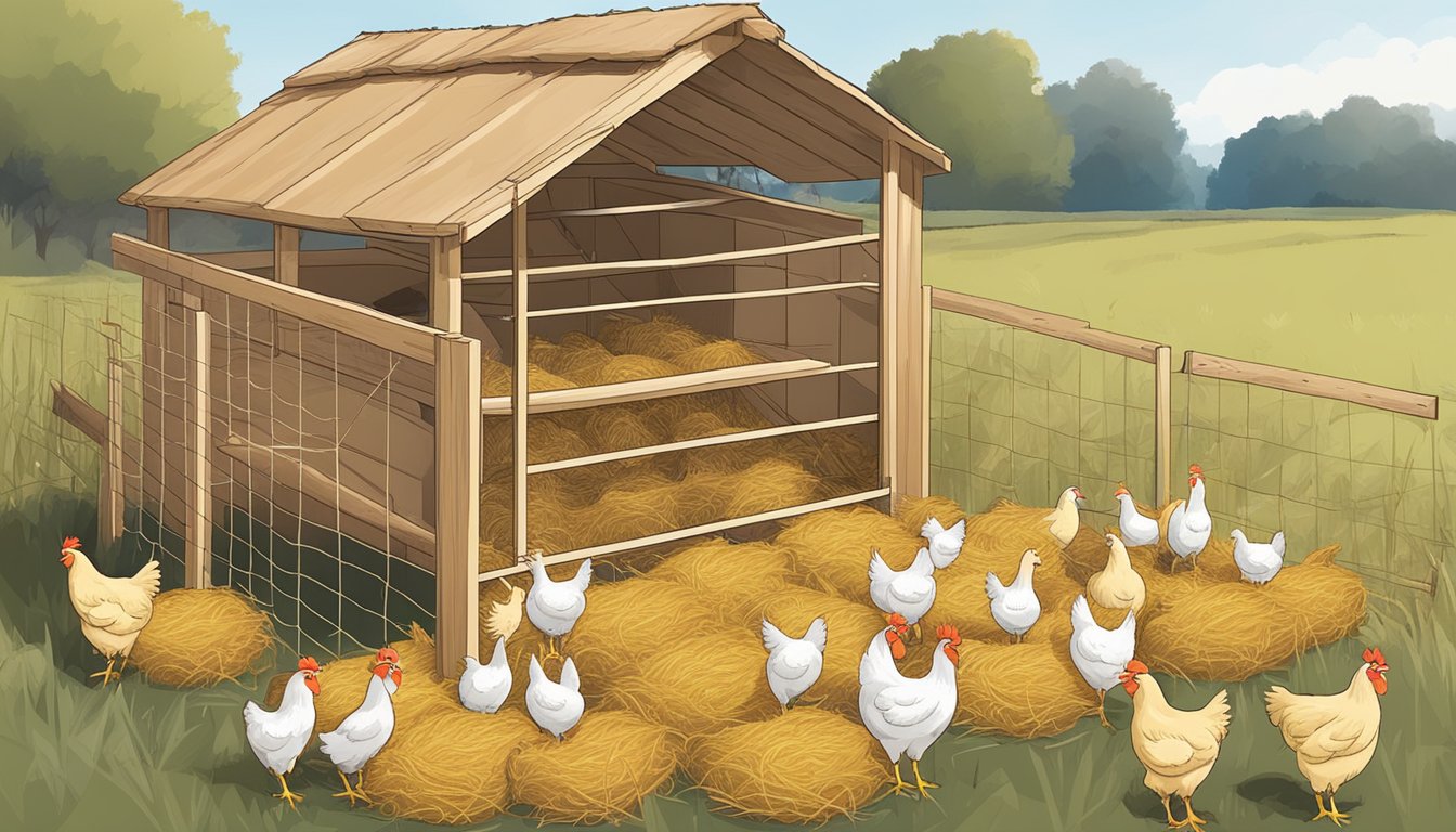 A chicken coop with hay spread over straw, with 7 numbered tips floating above for managing litter