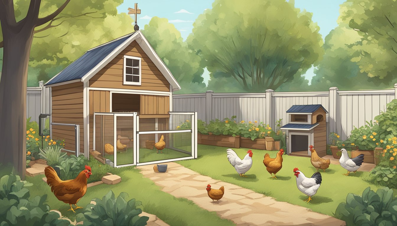 A cozy backyard with a small chicken coop, a few chickens roaming around, and a sign with "7 Tips for Raising Chickens in a Rental Property" displayed prominently