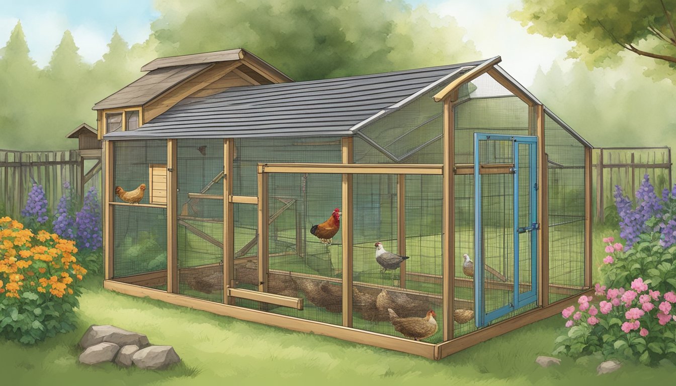 A cozy coop nestled among garden beds, complete with nesting boxes, roosting bars, and a secure wire enclosure to protect the chickens from predators