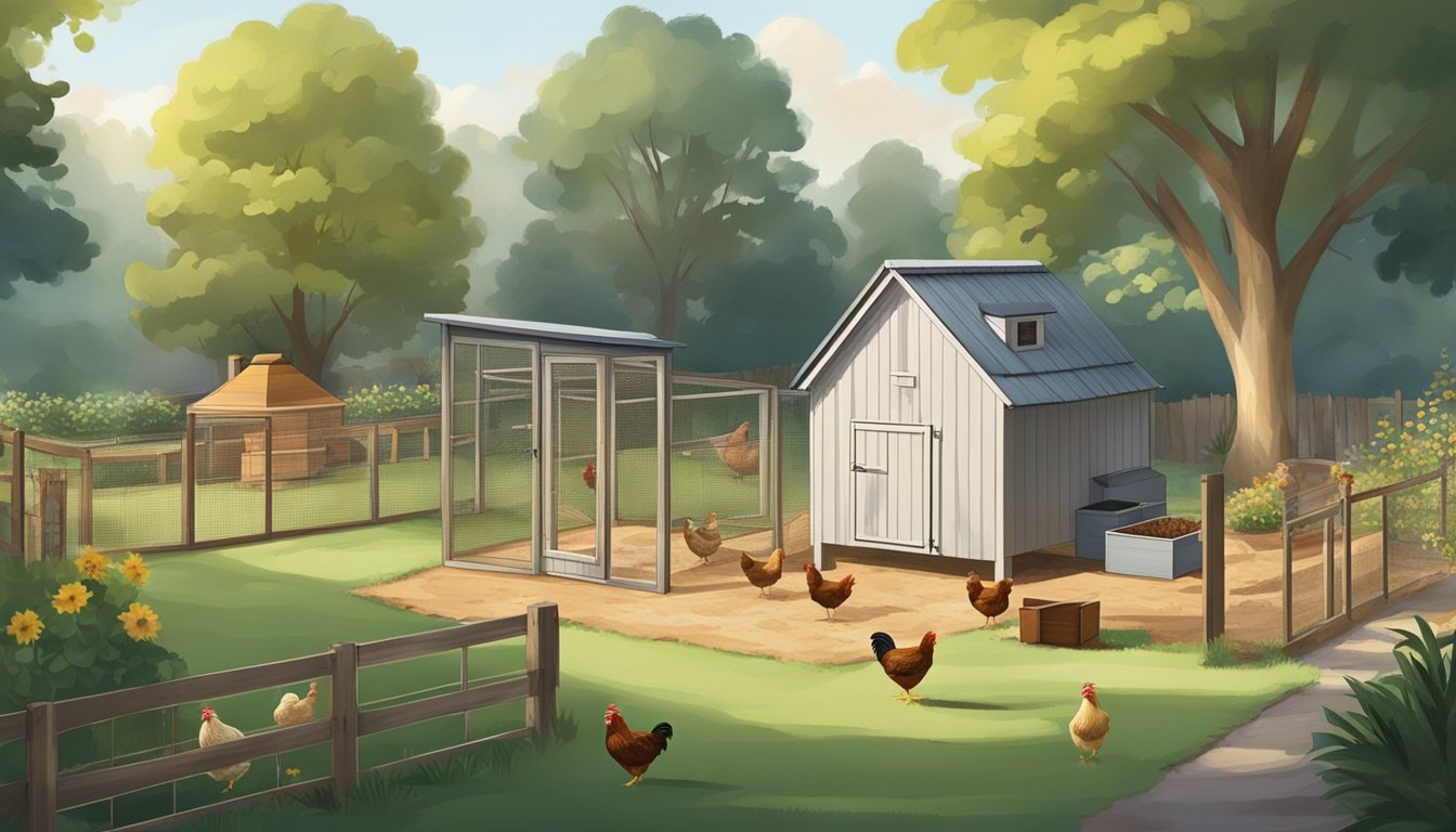 A backyard with a small, fenced-in area containing a chicken coop, nesting boxes, a feeding station, and a water source. The area is clean and well-maintained with ample space for the chickens to roam