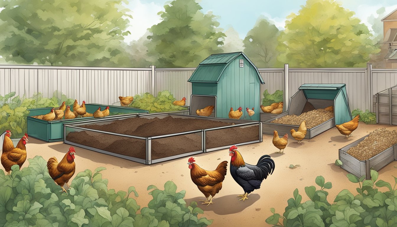 Chickens pecking at compost pile in a community garden, with separate bins for food scraps and bedding, and a designated area for collecting and storing manure