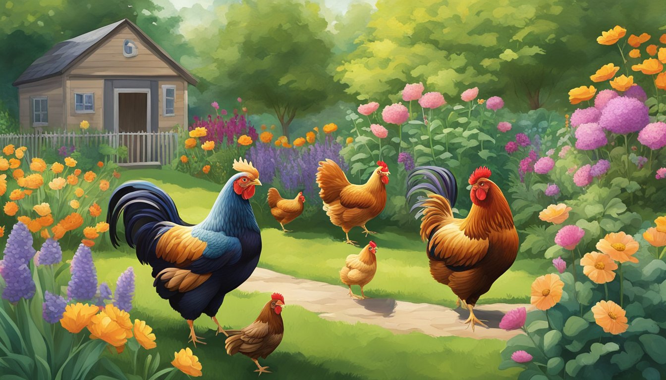 A diverse group of chickens roams freely in a vibrant community garden, with various breeds coexisting peacefully. The garden is filled with lush greenery and colorful flowers, creating a harmonious and inviting environment