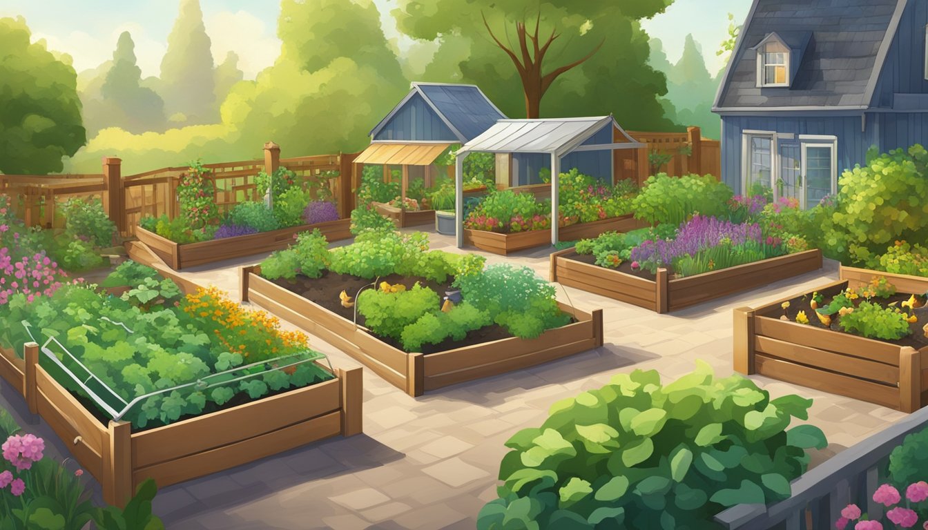 A colorful community garden with raised beds and a coop, surrounded by lush greenery and a variety of plants. Chickens roam freely in the garden, with a small watering station and feeding area set up for them