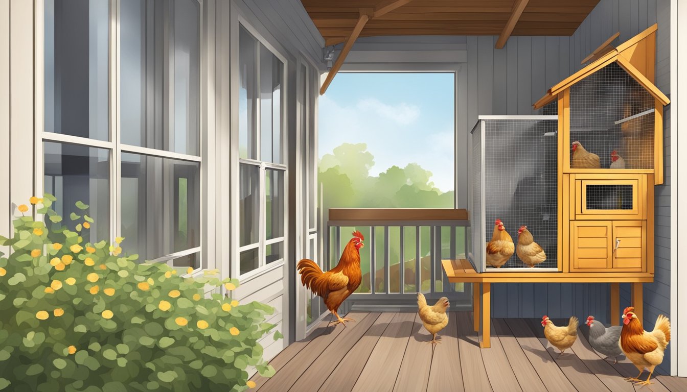 A cozy condo balcony with a small chicken coop, feeding station, and nesting boxes. Bantam chickens roam freely in a secure, well-ventilated space