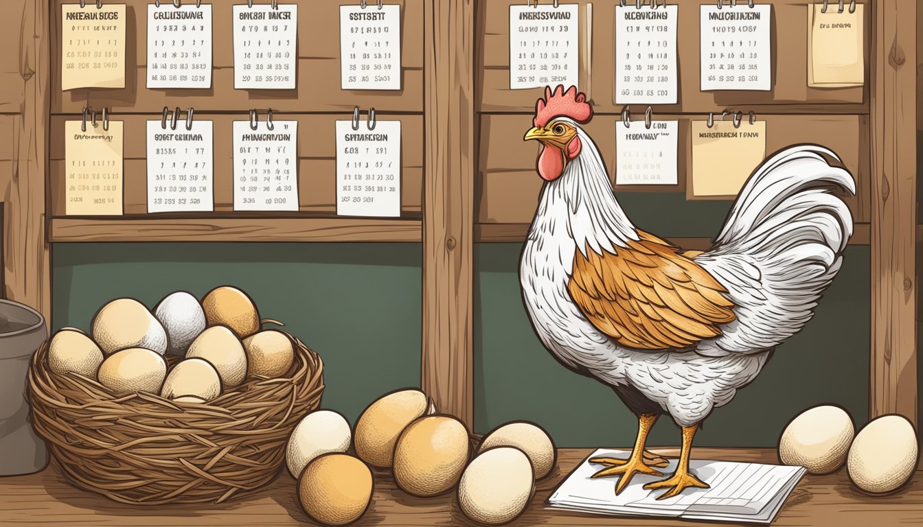 A hen sitting on a nest of eggs, surrounded by a tidy and organized coop with a calendar showing a consistent egg collection schedule