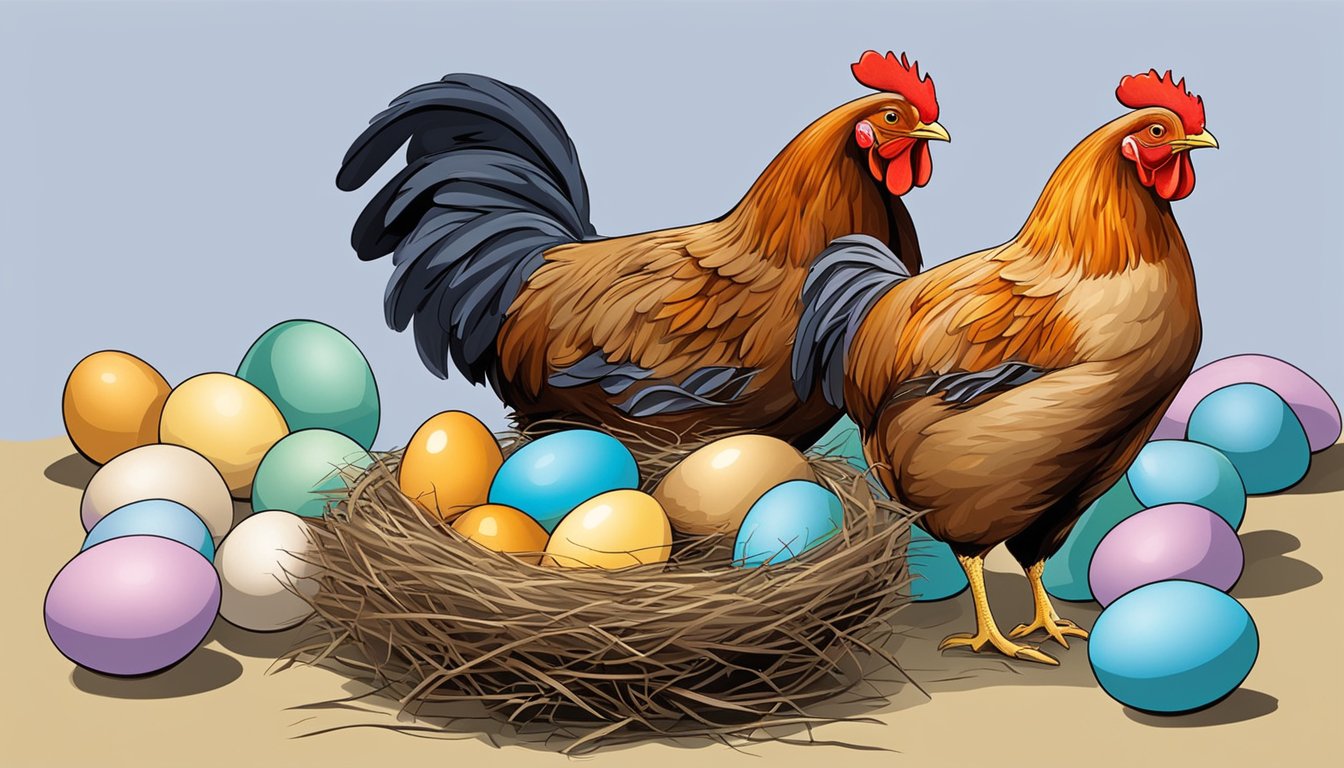 A hen pecking at fake eggs in a nest, surrounded by other hens