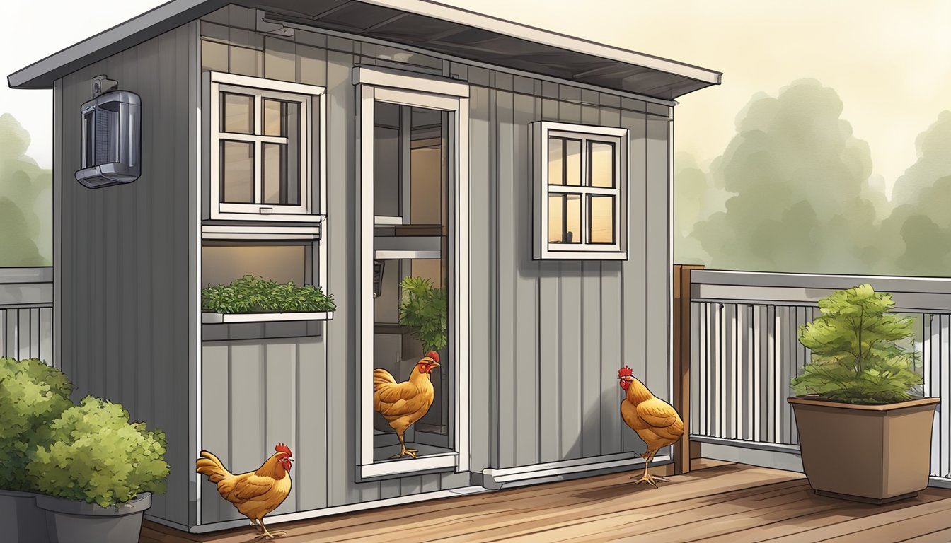 A cozy, compact chicken coop with odor-control bedding, water dispensers, and feeding stations nestled in a corner of a modern condo balcony