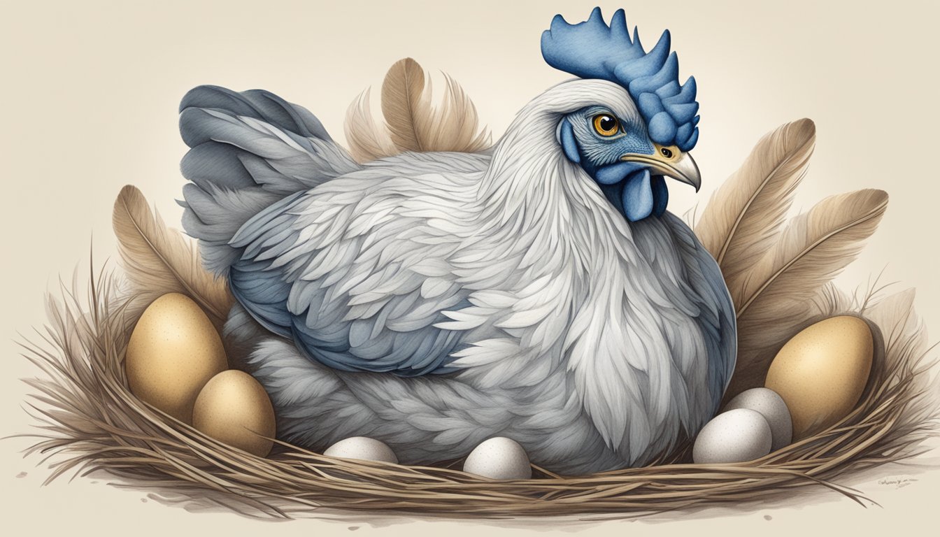 A broody hen sits in a separate pen, feathers fluffed, eyes watchful. Seven eggs are nestled under her, as she waits patiently