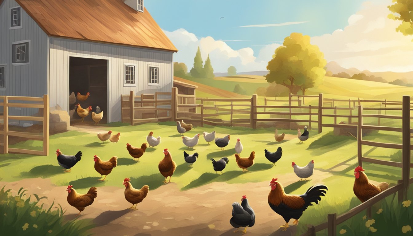 A sunny farm scene with a group of chickens in a spacious, fenced area. A farmer observes as a few new chickens cautiously join the flock