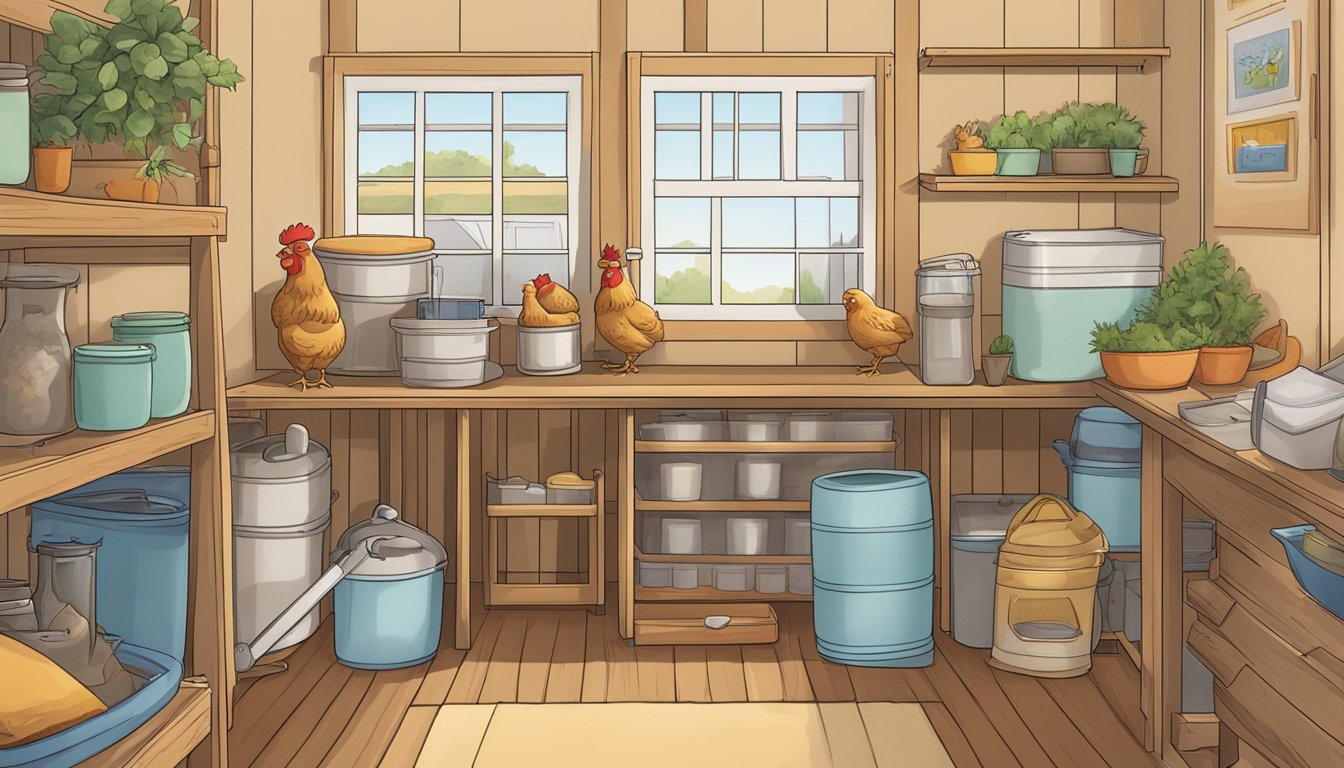 A cozy chicken coop inside a condo, with a weekly cleaning schedule displayed on a calendar. Feed and water containers are neatly organized, and the space is kept tidy