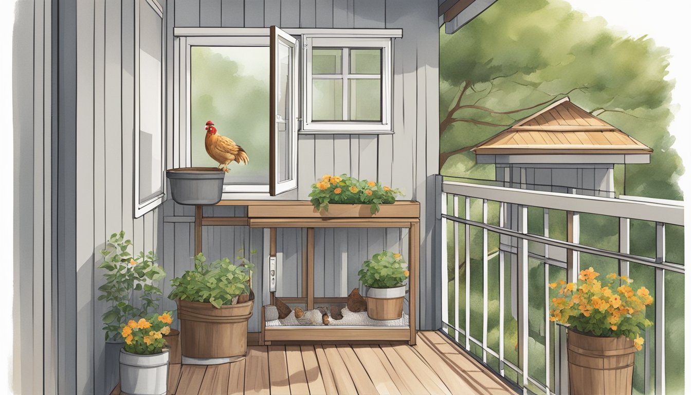 A cozy condo balcony with a small chicken coop, open windows, and a gentle breeze