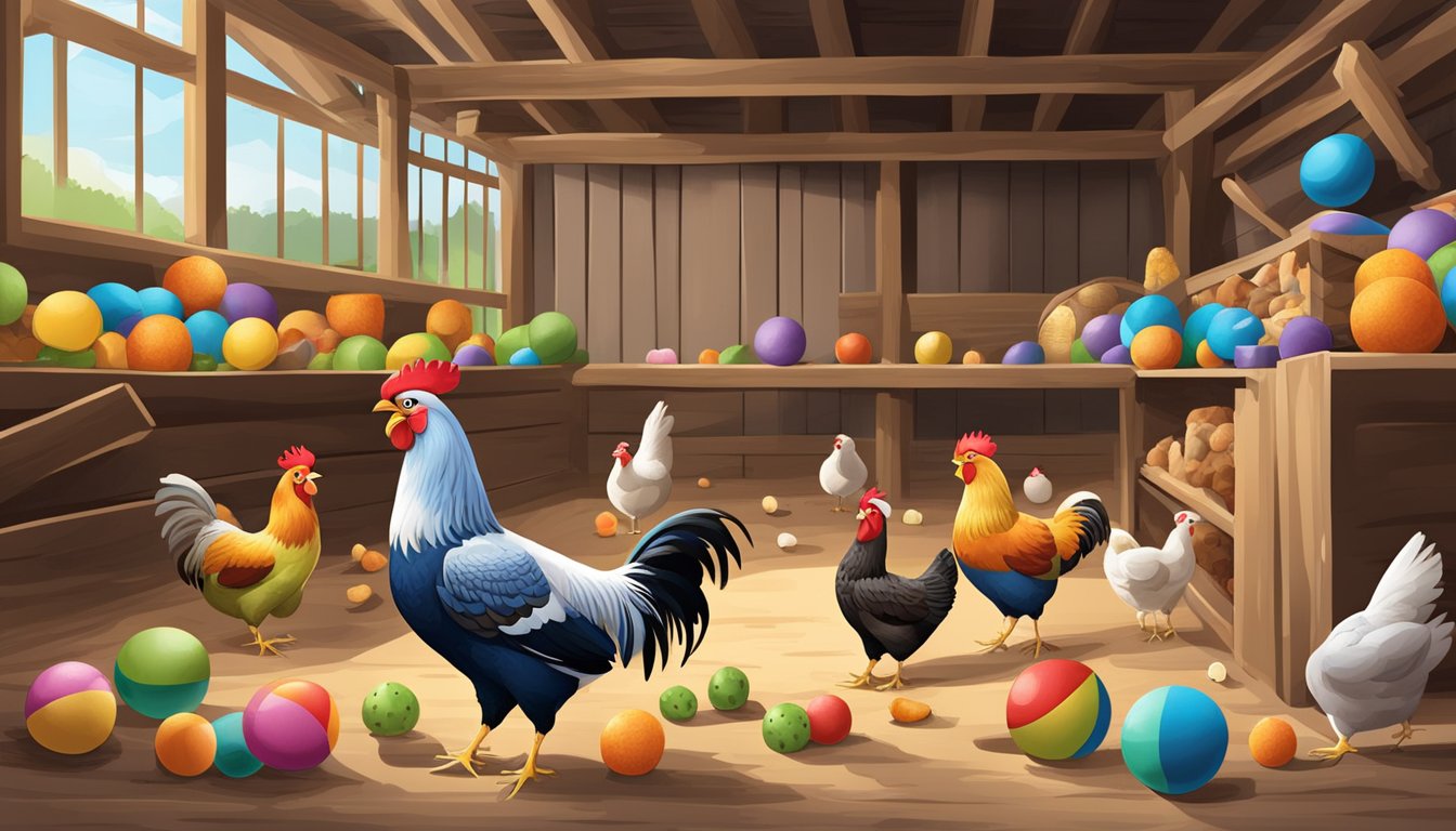 Toys and treats scattered in a coop, hens pecking and playing