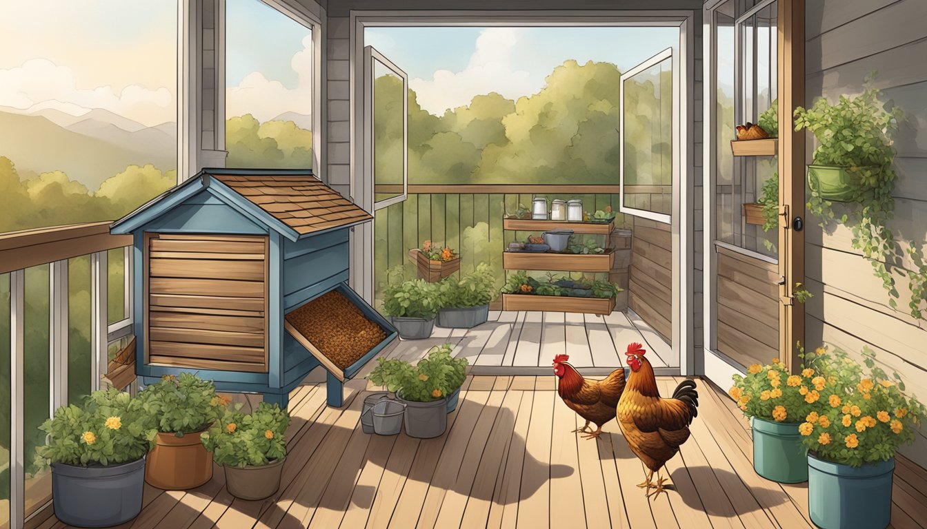 A cozy condo balcony with a small, secure chicken coop, food and water containers, and a few happy hens pecking around