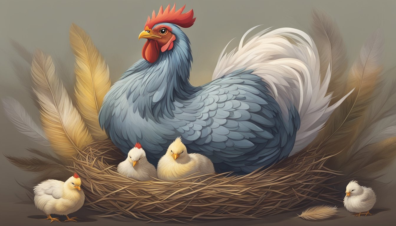 A broody hen sitting on a nest, feathers fluffed, eyes closed, and beak slightly open. Other hens pecking around her